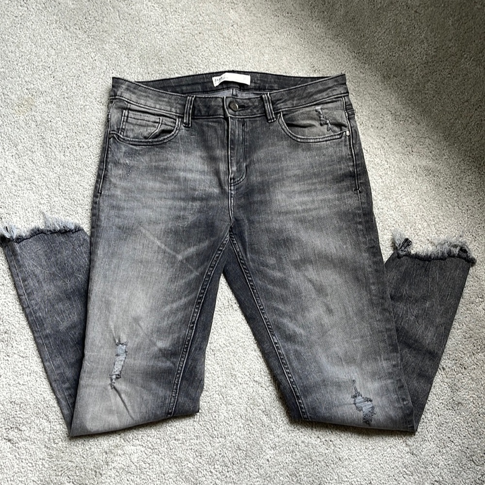 Zara Grey Washed Z1975 Denim Frayed Cuff Jeans